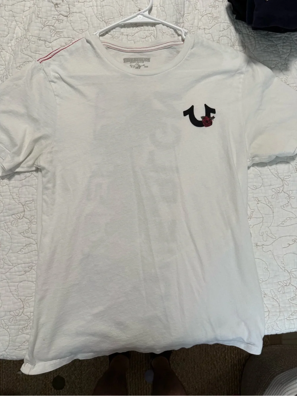 True Religion White Short Sleeve Tee with Black Logo and Red Accent